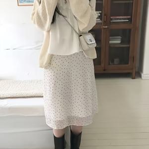 여성용 폴카 도트 프린트 루즈핏 쉬폰 미디 스커트, 신축성 허리 경량 스커트