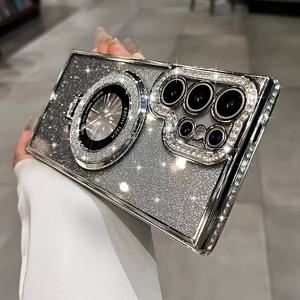 휴대폰 케이스: 새로운 라인석 휴대폰 케이스, 삼성 갤럭시 S25 S26 울트라, 갤럭시 S25 S26 플러스, 갤럭시 S26 S25 시리즈용, 고급형 낙하 방지 그라데이션 글리터지纸 스탠드형 휴대폰 보호 케이스, 렌즈 전체 커버 디자인