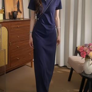 TEMU 우아하고 캐주얼한 여성용 폴오버넥 원단주름 롱스커트 원피스, 허리를 조여주는 반소매 몸매 보정 롱드레스, 봄 여름용 활용도 높은 오피스웨어