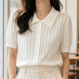 솔리드 컬러 할로우 아웃 성격 폴로 칼라 가디건 여성 여름 신상 이지 패션 얇은 반팔