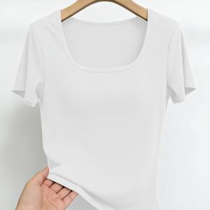 TEMU 여름용 여성용 반팔 U넥 티셔츠, 스타일리시하고 핏되는 베이스 레이어