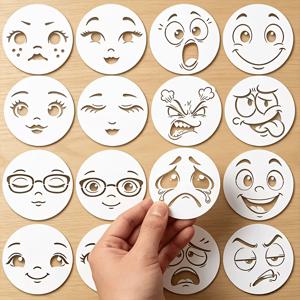 TEMU DIY 인형 만들기, 패브릭 아트, 돌 페인팅, 벽 장식, 및 가정용 공예에 적합한 16가지 표정의 재사용 가능한 채색용 얼굴 페인팅 틀 16개 세트 - 인형 얼굴 자수용 세탁 가능한 틀