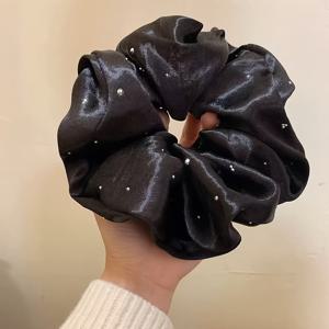 TEMU 라인스톤 펄 새틴 블랙 대장 결 실 가는 머리끈 여성 프렌치 우아한 성격 사진 촬영 드레스업 헤어 액세서리