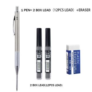 TEMU 신제품 2.0mm 메탈팁 자동 샤프심 연필 세트, 심 12개 및 지우개 포함, 엔지니어링 제도용으로 이상적. 정밀 필기 세트 (연필 1개, 심 6개입 2박스, 지우개 1개)