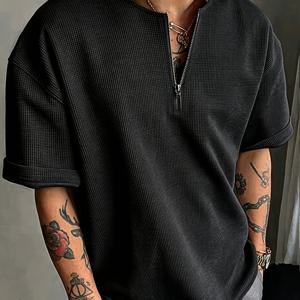 TEMU 남성용 운동 상의 하프 지퍼 반팔 티셔츠 남성 슬림핏 V넥 스타일 의상 느낌 와플 셔츠 재고 있음