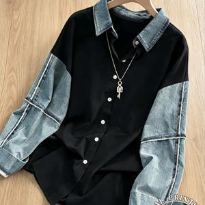 여성용 프린팅 데님 셔츠, 인조 데님 디자인, 실제 데님 원단이 아님