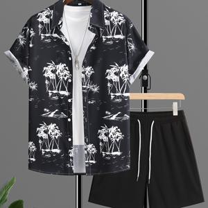 TEMU 코코넛 나무, 남성 2pcs, 반팔 그래픽 프린트 버튼 업 셔츠 및 드로우스트링 반바지 코디 세트