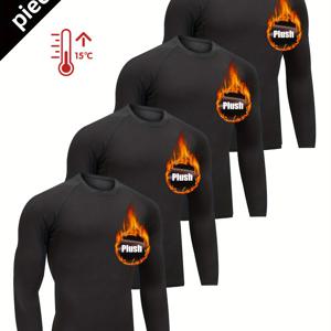 TEMU 플리스 안감 따뜻한 스포츠 4pcs 세트 남성용 런닝 짐웨어 가을/겨울 따뜻한 플리스 안감 타이트 장비 아침 러닝 야간 러닝 훈련 가을/겨울 스포츠웨어