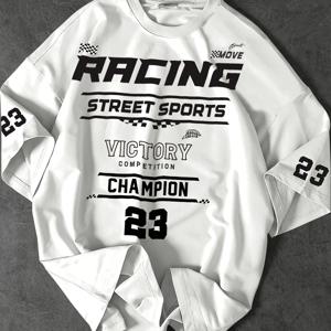 TEMU 남성용 신상 여름 패션 캐주얼 루즈핏 라운드넥 티셔츠. 숫자 '23'와 'RACING', '', 'VICTORY', 'COMPETITION', 'CHAMPION'과 같은 글자가 특징입니다. 야외 활동, 러닝, 피트니스, 쇼핑에 적합합니다.