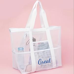 1개 자수 맞춤 솔리드 메시 토트백, 여름 해변 수영 수납 가방, 가벼운 접이식 대용량 다기능 여행 수납 숄더백, 스포츠 피트니스 가방, 엄마를 위한 선물
