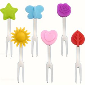 6개 미니 과일 포크 - 스테인리스 스틸 재사용 가능 이쑤시개 디저트용, 파티, 결혼식, 생일, 파티 추가, 장난기 넘치는 디자인, 간편한 세척 소재, 나비, 장미, 태양 & 하트 모양의 이쑤시개 포크
