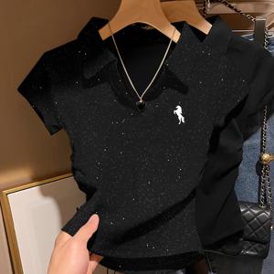 TEMU 8218-패셔너블 슬림핏 플리츠 칼라 반소매 탑, 스타일리시 말 무늬 프린트 순수 데자이어 한국식 여름 시퀸 원단 셔츠 QHH1683
