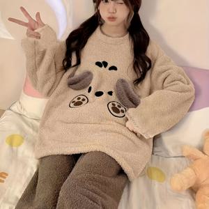 여성용 이지 스타일 캐주얼 파자마 세트, 따뜻한 플리스 홈웨어, 긴소매 라운드넥 풀오버 상의 및 루즈핏 바지 홈 슬립웨어 세트, 가을 겨울 야외 세트