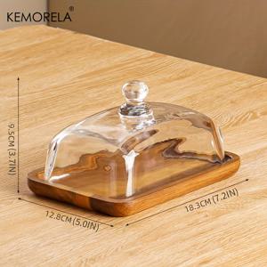 KEMORELA 빈티지 /대나무 버터 디쉬 (유리 뚜껑 포함) - 웨딩 케이크, 간식, 과일에 완벽한 주방 및 다이닝 액세서리