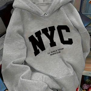여성용 라이트 블루 NYC 패턴 후드티, 오버사이즈 드롭 숄더 스웨트셔츠, 가벼운 겨울 후드 탑, 캐주얼 특별한 날, 가을 겨울 캐주얼 아우터, 가을 패션, 루즈핏, 편안한 원단, 남녀공용 스타일, 스트리트웨어 매니아