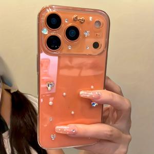 TEMU 휴대폰 케이스 - 오렌지 프린트 리본 라인스톤 하트 진주 별 투명 폰 케이스, 아이폰 17 Pro Max Air 16 15 14 13 12 11 Pro 호환, 소프트 백 커버