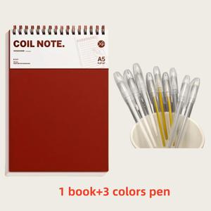 TEMU 4개/세트(노트 1개 + 펜 3개) A5 노트북 - 멀티 컬러 그리드 레트로 공부용 책, 양면 페이지, 80G 두꺼운 종이, 하드 커버 및 수채화 디자인 - 대학교, 사무실 또는 선물 교환용으로 적합