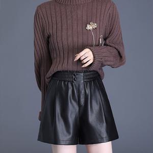 여성 봄 가을 겨울 데일리 포켓 하이웨스트 와이드 5부 팬츠 솔리드 허리 밴딩 반바지 슬림소녀