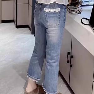 TEMU SunburstWonder 9부 빅사이즈 데님 부츠컷 팬츠 여 여름 신상 얇은 스판 슬림핏 레이스 장식