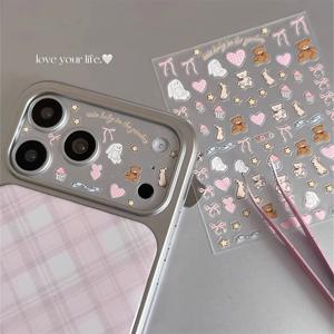 TEMU 콰이 DIY 스티커 렌즈 보호필름 사랑스러운 만화 리본 리본매듭 곰 토끼 별 딸기 사랑 하트 입체 스티커 + 투명 무광 카메라 렌즈 보호필름 2개, 아이폰 17 Pro Max 17Pro용 초박형 지문 방지 스크래치 방지 필름 보호 커버 휴대폰 액세서리 내구성 있는 보호 휴대폰 액세서리