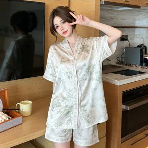 TEMU 여성용 플로럴 프린트 아이스 파자마, 루즈핏 V넥 반팔 반바지 2피스 세트, 라이트 럭셔리 새틴 라운지웨어