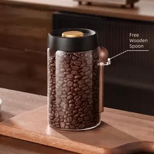 500/800/1200ml - 고품질 붕규산 유리 진공 보온병, 나무 국자 포함 - 커피원두 및 주방 보관용, 투명하고 튼튼함 - 신선도와 풍미 보존에 최적