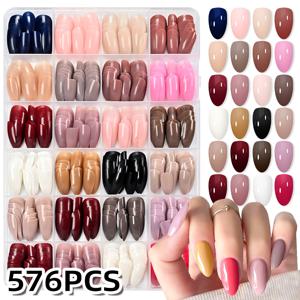 TEMU 24색상 글리터 광택 아몬드 모양 프레스온 네일 576개입, 단색 탈착식 DIY 인조 손톱 팁