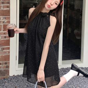 보우 폴카 도트 홀터넥 셔츠 여성 여름 프렌치 젠틀 스타일 민소매 셔츠 디자인 센스 니치 탑