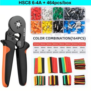 465pcs 미니 전기공 크림핑 세트, HSC8 6-4A 네 모서리 크림핑 펜치 0.25-10mm² / AWG23-7 호환, 8사이즈 VE 튜브 터미널 300개 + 열수축 튜브 164개 포함, 내구성 있는 플라스틱 핸들 및 전선 수리 클립, 가정 및 전문 전기공용