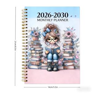 2026-2030 월 플래너/캘린더 - 2026년 1월 - 2030년 12월, 5년 월 플래너, 책 애호가 여성 테마 커버 디자인 저널, 연간 캘린더 계획, 월 탭, 60개월 캘린더, 5.5
