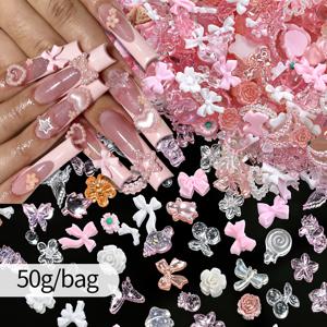 TEMU 50g 3D 네일 아트 참, 리본 꽃 하트 나비가 있는 혼합 수지 네일 장식, 아크릴 네일 DIY 매니큐어 홈 살롱용 카와이 귀여운 네일 액세서리 여성용