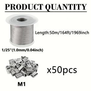 304 스테인리스 스틸 재질, 7X7 스트랜드, 직경 1.0mm/0.04인치, 길이 50m/164ft, 슬리브 포함, 액자 걸이, 램프 걸이, 수공예 제작, 가벼운 의류 건조 등에 일반적으로 사용