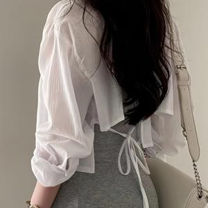 TEMU 여성 시스루 볼레로 가디건 스트링 리본 뒤트임 루즈핏 크롭 긴팔 여름 얇은 비치웨어 커버업 데이트룩 꾸안꾸 마실룩 화이트