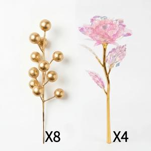 12개 세트 = 플라스틱 인조 보존 핑크 장미 4개 + 황금빛 베리 8개, 눈부신 무지갯빛 인조 장식 - 관리가 필요 없음, 발렌타인데이, 크리스마스, 어머니의 날, 파티 행사, 결혼식, 생일, 집들이 및 기타 창의적인 장식용, 홈 악센트, 창의적인 선물용, 사계절 실내외용, 창의적인 이벤트 장식, 고급 꽃바구니 부케, 파티 장식, 웨딩 플라워 바구니
