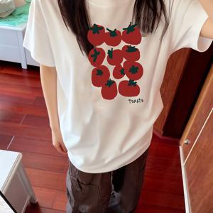 TEMU 남녀공용 오버사이즈 Y2K 토마토 프린트 티셔츠 - 한국 스타일 루즈핏 라운드넥 반팔 토마토 패치 상의, 기계 세탁 가능 캐주얼 여름 블라우스 셔츠, 평상복에 적합