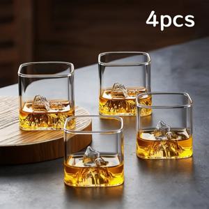 TEMU 4개 세트 우아한 모던 3D 산 테마 유리컵 - 위스키, 커피, 물용 - 파티, 모임용 유리 텀블러, 손세척 전용 (세척기 사용 금지)
