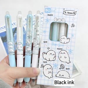 카와이 만화 지우개펜 세트 4개입 – 0.5mm 블루 & 블랙 지우개잉크, 미학적인 귀여운 동물 지우개젤펜, 프레피 저널링 필수품, 학생 문구류 컬렉션 필구품