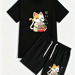 TEMU 부드럽고 귀여운 일본 스타일 남성 의상, 라멘을 좋아하는 고양이 프린트 반팔 및 반바지, 캐주얼 외출/홈웨어 편안한 2피스 세트