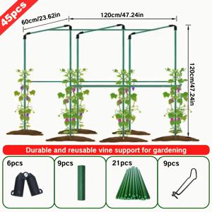 TEMU 고강도 금속 정원용 포도 지지대 45개 - 초고두께 0.8mm 직경, 21개의 기둥 23.62인치 길이 + 커넥터 9개 + 고정용 스틸 클립 9개 + 연결 포크 6개, 녹색 야외 정원 덩굴재, 덩굴 장미 및 포도, 울타리, 정원 아치에 적합