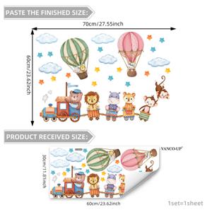 동물, 구름, 별 창문 스티커가 있는 작은 기차 열기구 (30*60Cm) - 가정의 유리창에 스태틱 클링 장식용, 공간을 아름답게 꾸미는 D17548