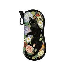 꽃덤불 속 검은 고양이 프린트 패턴 안경 케이스 1개, 초경량 휴대용 소프트 네오프렌 지퍼 안경 케이스, 휴대용 보호 안경 케이스 홀더, 모든 종류와 사이즈의 안경에 적합, 외출 및 여행 시 안경 휴대에 편리함, 남녀 공용