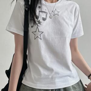 어떤 방향으로 걷기, 음표 오각별 패턴 프린트 일본 스타일 여성용 티셔츠 여름 슬림 반팔 상의