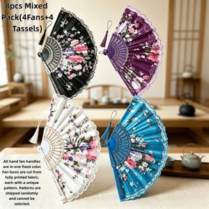 TEMU 4/8개 혼합 팩, 태슬 장식이 있는 화려한 고대 스타일 접이식 파라솔, 블랙, 화이트, 퍼플 & 라이트 블루의 빈티지 레이스 디자인. 집, 사진 촬영, 공연, 결혼식, 할로윈, 발렌타인데이 & 축제 파티를 위한 우아한 장식