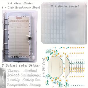 TEMU A6 투명 예산 바인더 돈 정리기 8개 PVC 현금 봉투 + 8개 300gsm 예산 주제 카드 및 스티커 포함, 현금 분류 시트