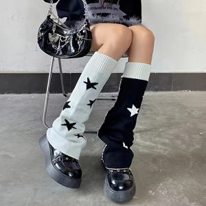 TEMU 가을/겨울 하라주쿠 스타일 매콤한 별과 해골 패턴 와이드 레그 종아리 오버삭스 커버 한 켤레, 롤리타 스타일 컬처 Y2K 슬라우치 양말, 양면 사용 가능