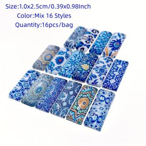 TEMU 16개 10x25mm 사각형 혼합 스타일 파란색과 흰색 도자기 유리 카보숑 주얼리 파인딩, DIY 공예 재료
