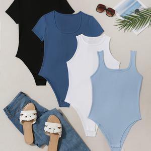 4pcs 여성용 가을 겨울 봄 여름 캐주얼 민소매 라운드넥 U넥 캐미 탱크 탑 단색 멀티 컬러 부드럽고 편안한 시어 바디수트 탑