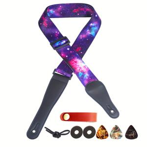 TEMU 기타 스트랩, 별이 빛나는 하늘 패턴 양쪽 끝이 긴 가죽 기타 스트랩, 전기/어쿠스틱/베이스 기타용 최대 길이 68.5인치 조절 가능