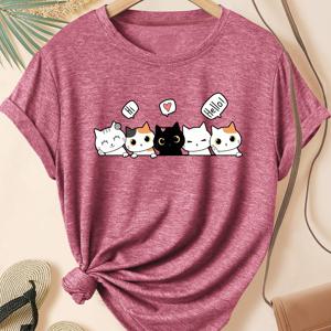 귀여운 아기 고양이 프린트 신선한 스타일 여성용 상의, 여름 라운드 넥 반팔 캐주얼 스포츠 티셔츠, 사이즈 S-XXL
