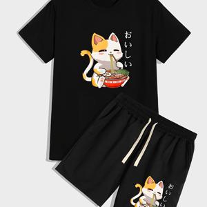 TEMU 남성용 귀여운 고양이 & 면 프린트 2피스 세트 - 편안한 폴리에스테르 티셔츠와 끈 조절 반바지, 세탁기 사용 가능 - 여름에 완벽, 행복한 면 먹기, 라운드 넥